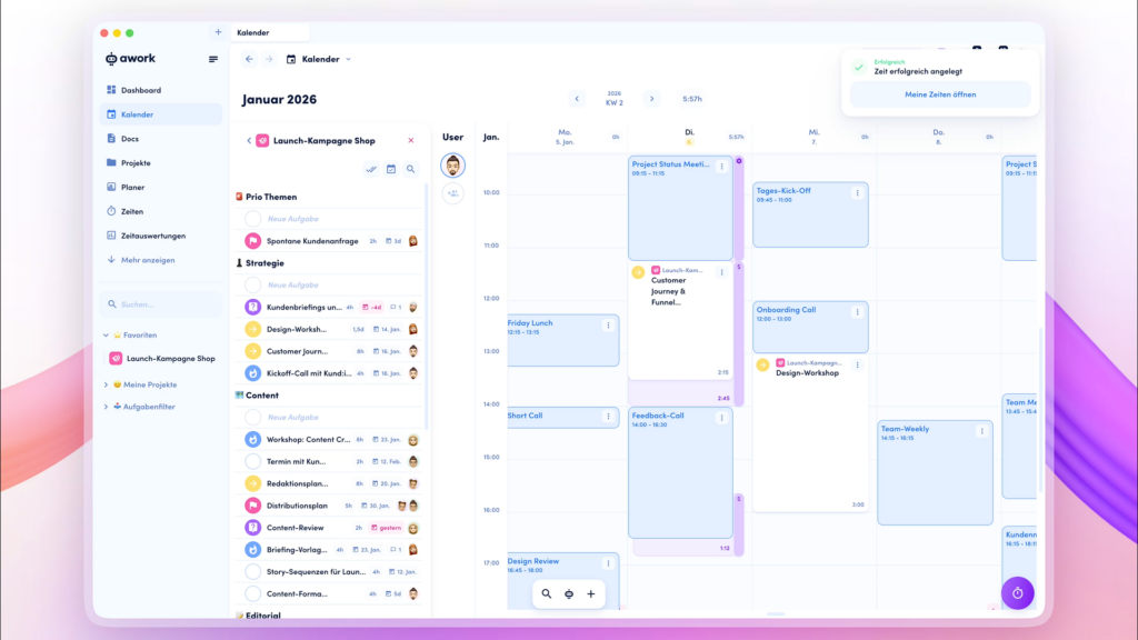 awork Screenshot calendar times