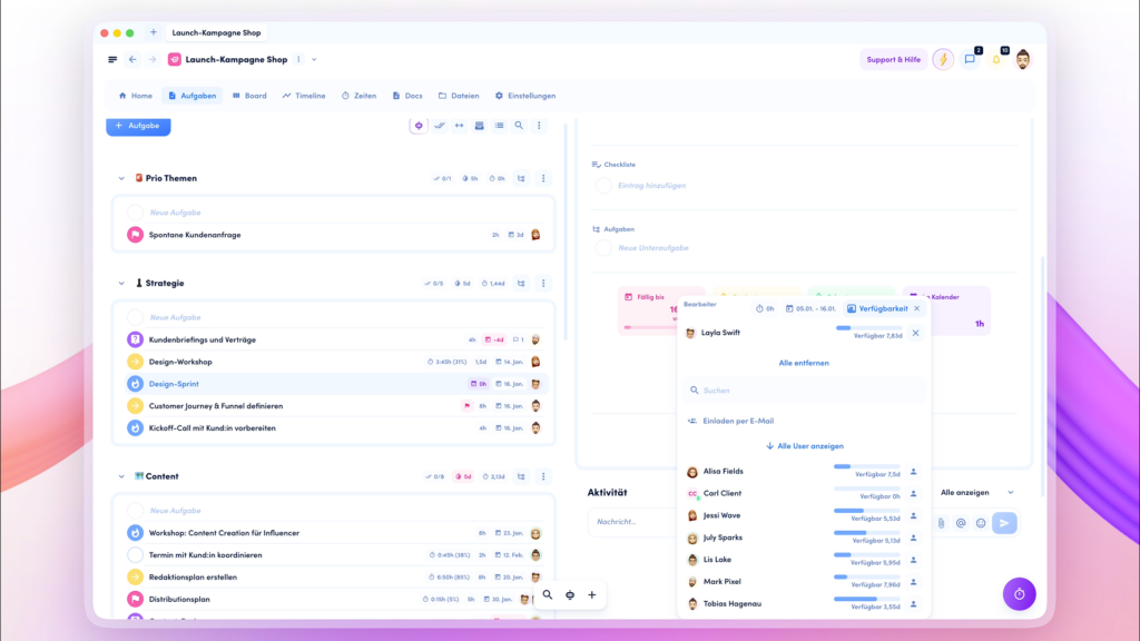 awork Screenshot project list