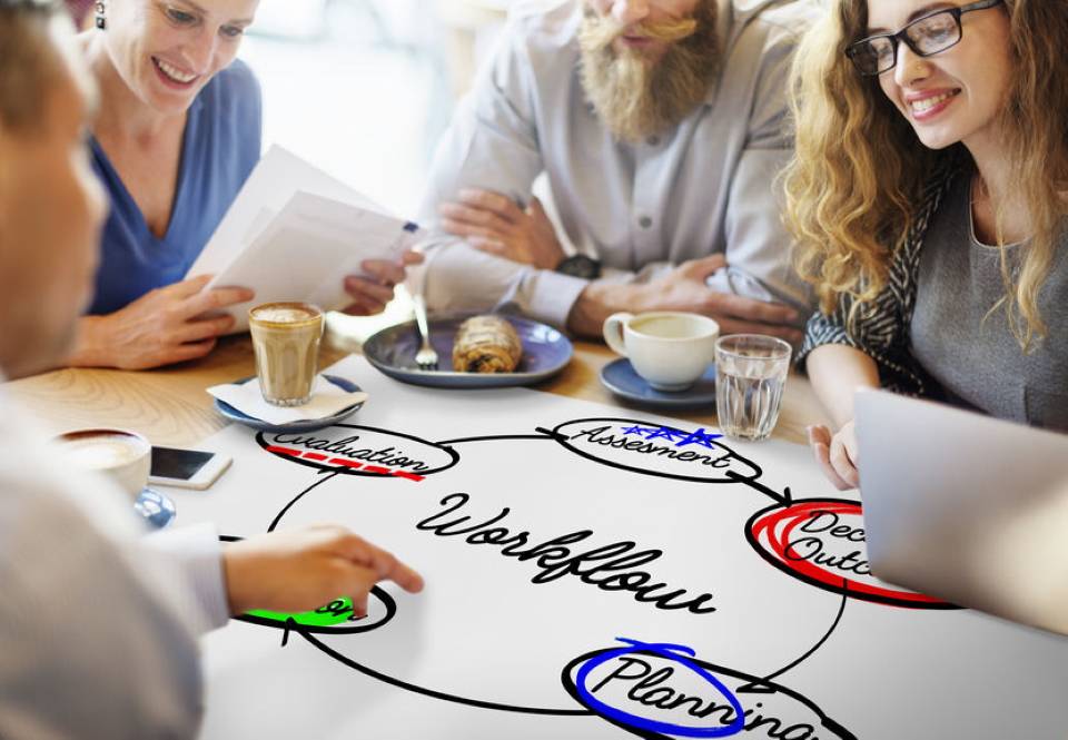 Arbeitsgruppe arbeitet an Workflow Process Action Plan Diagram Concept