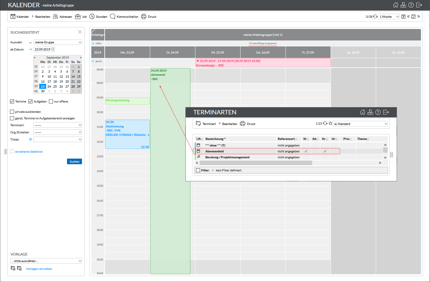 Kalender easyJob Kalendereintrag