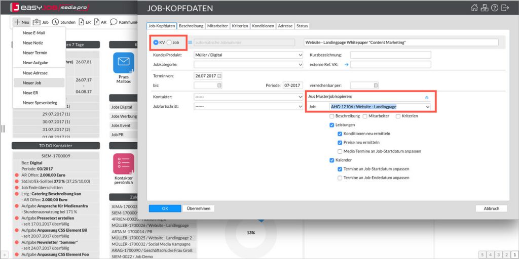 Anlage Job1 easyJOB im Agentursoftware-Guide