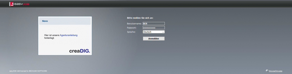 Ben Einloggmaske easyJOB im Agentursoftware-Guide