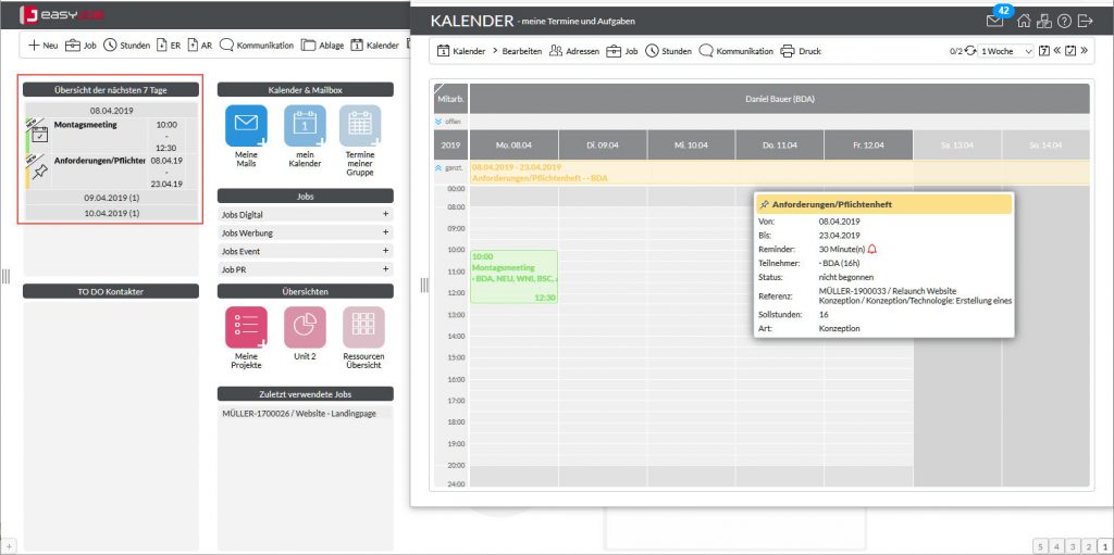 kalender easyJOB im Agentursoftware-Guide