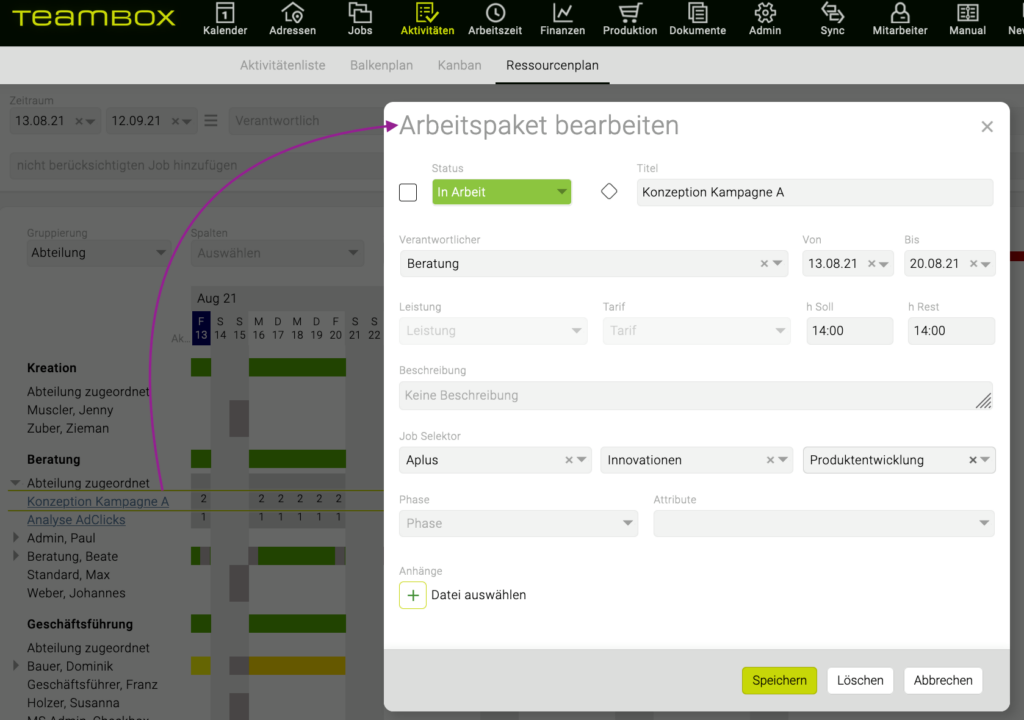 Screenshot Teambox Ressourcenplan im Agentursoftware-Guide