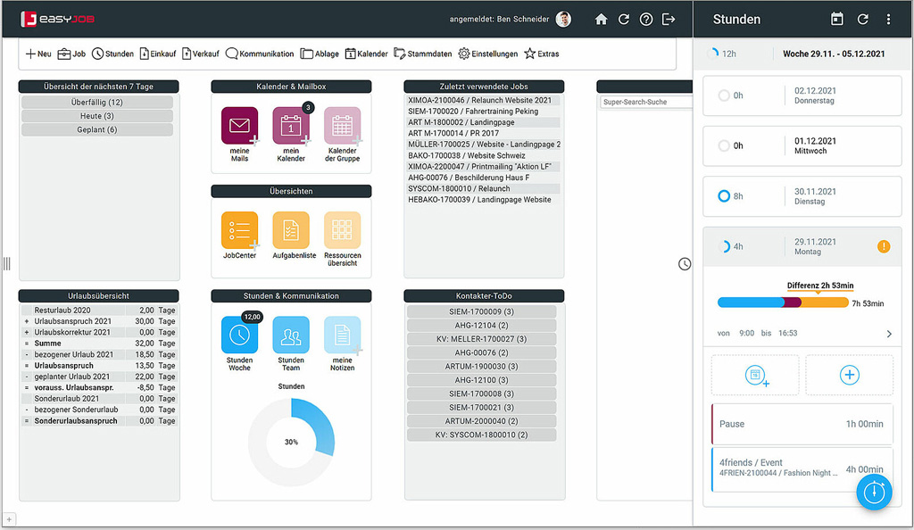 Screenshot Stundenpanel easyjob im Agentursoftware-Guide 2022