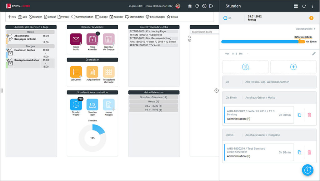 Screenshot easyjob im Agentursoftware-Guide 2022 stundenpanel tag