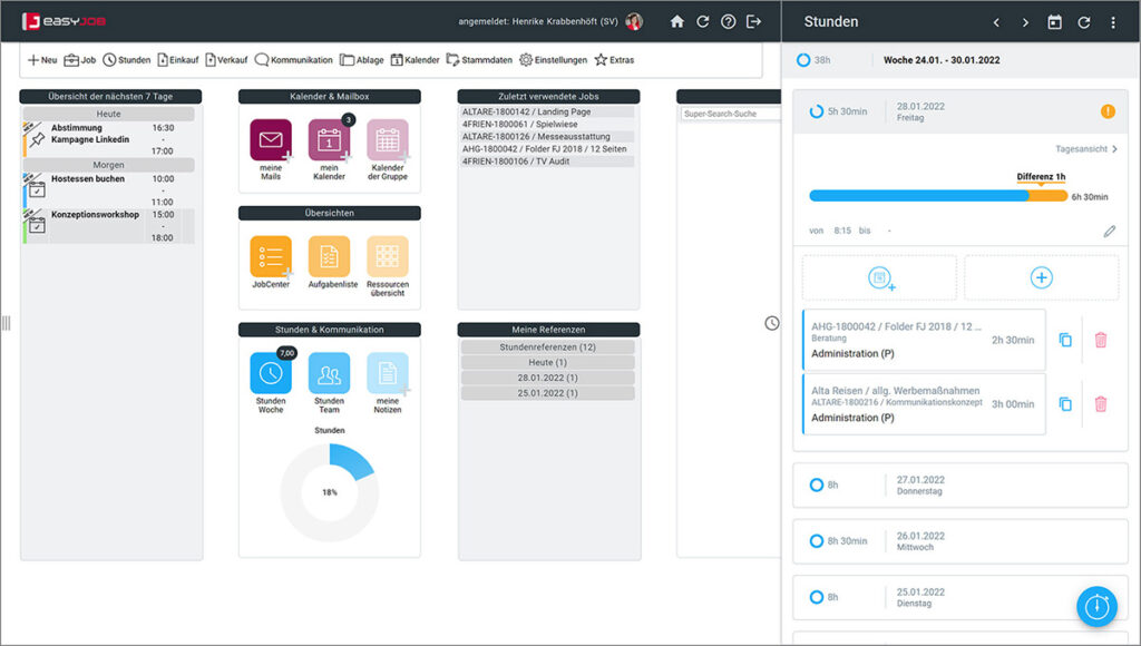 Screenshot easyjob im Agentursoftware-Guide 2022 stundenpanel woche