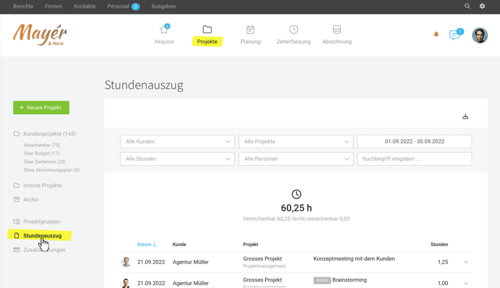 Moco im Agentursoftware-Guide Screenshot Stundenauszug