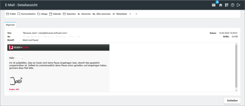 Screenshot easyJob: Der Email-Assistent Pausen-Jassi erinnert in easyJOB an die Erfassung einer Pause