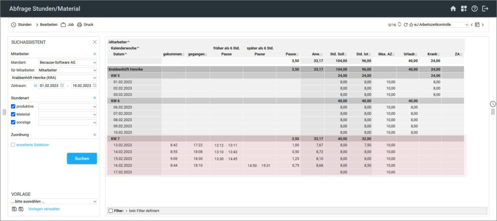 Screenshot easyJob: Das easyJOB Anzeigenlayout „eJ Arbeitszeitkontrolle“