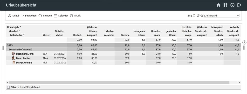 easyJob Screenshot: Die neue Urlaubsübersicht in easyJOB zeigt Mitarbeiter mit und ohne Anwesenheiten