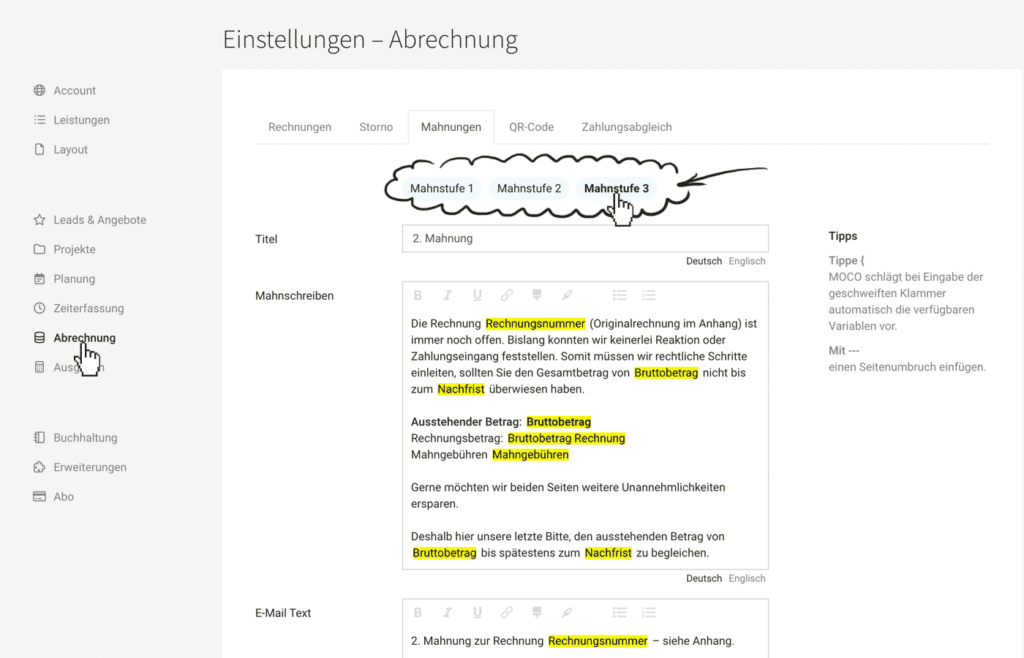 MOCO im Agentursoftware-Guide Screenshot Mahnstufen