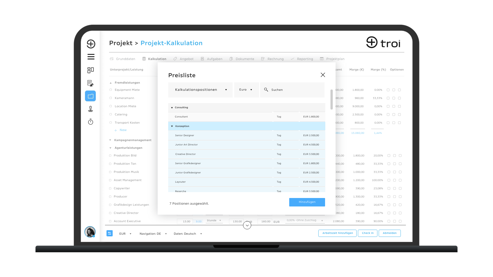 Troi Screenshot 2023 Projektliste-Kalkulation-Preisliste