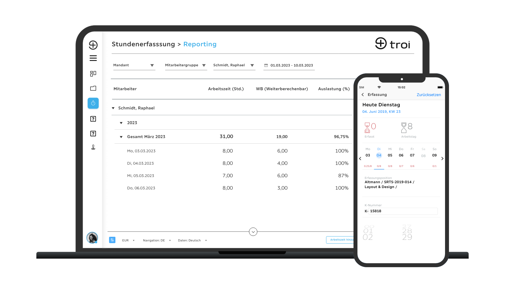 Troi Screenshot 2023 Reporting-Stundenerfassung