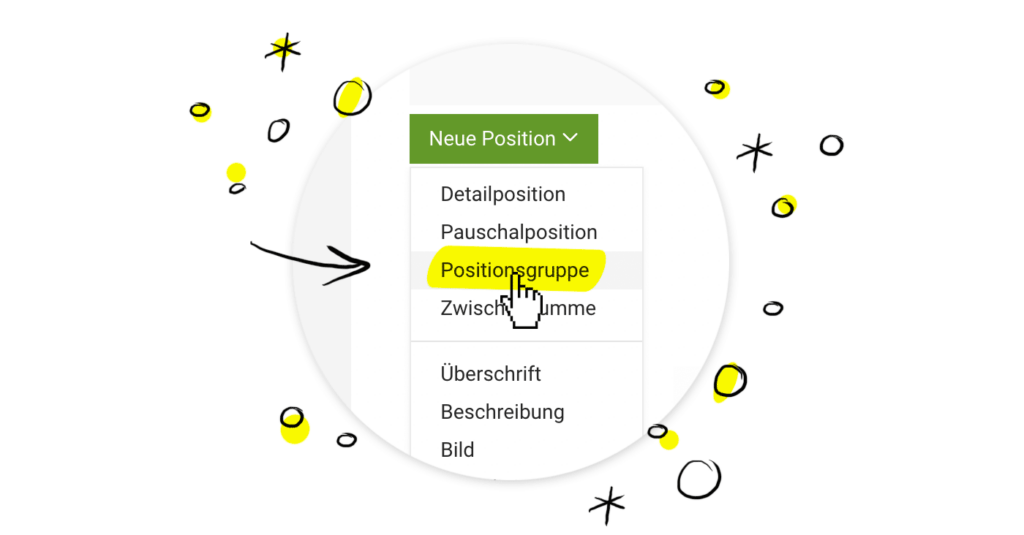 Moco im Agentursoftware-Guide Rechnungen Positionsgruppe wählen