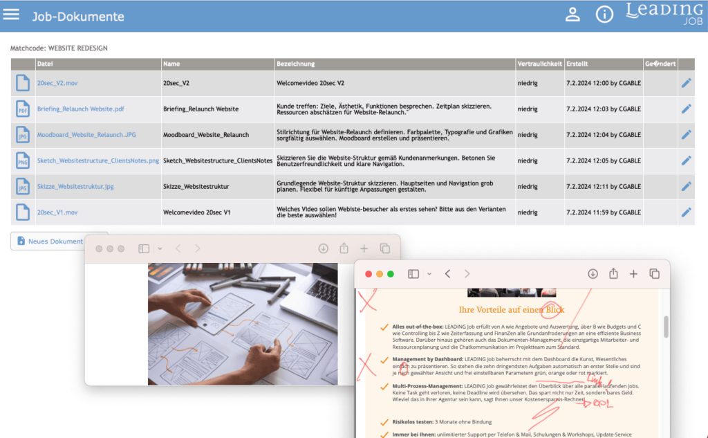 Agentursoftware LEADING Job - Screenshot Dokumentemanagement