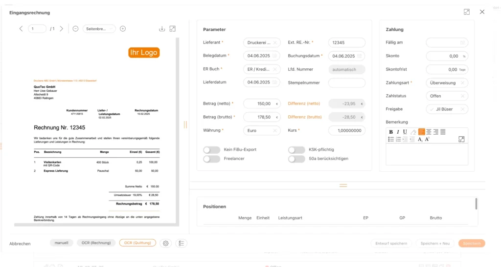 Screenshot QuoJob OCR in der Belegerfassung