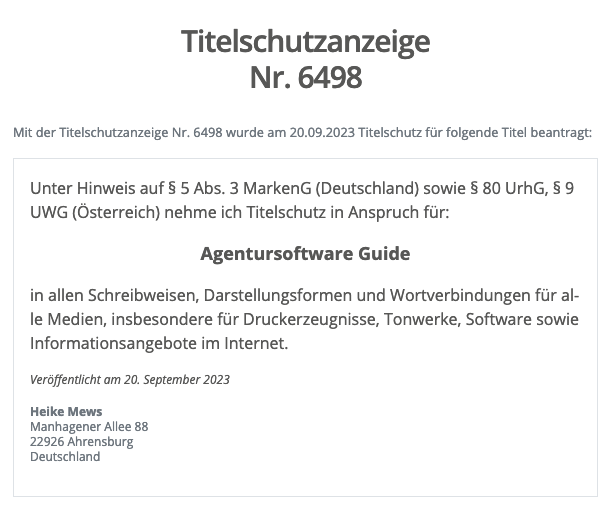 Screenshot mit der Titelschutzanzeigen Nr. 6498