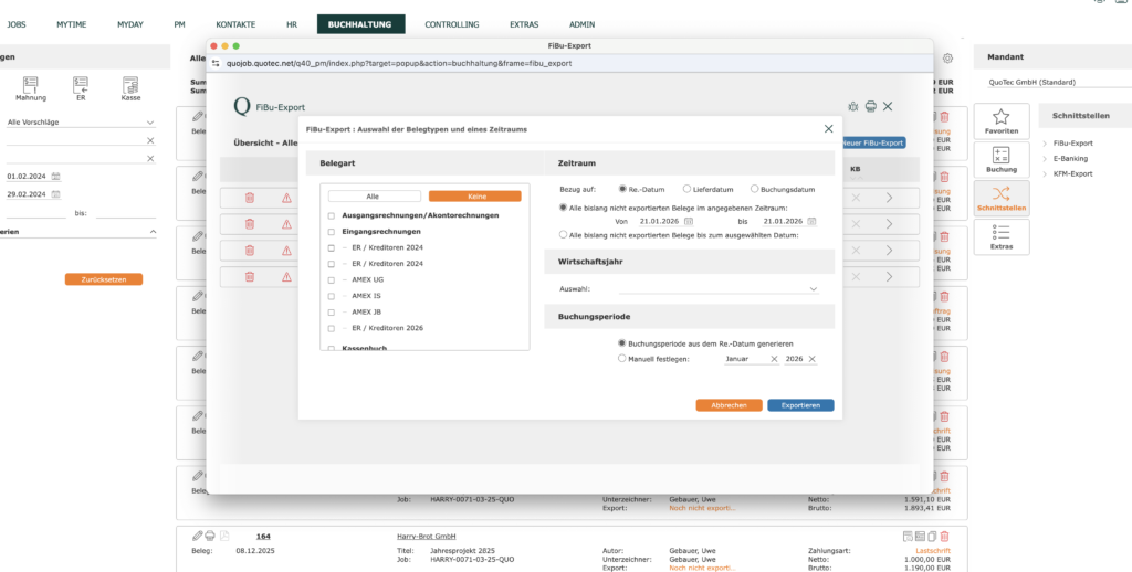 Screenshot Buchhaltung FiBu Export: Auswahl der Belegtypen und eines Zeitraumes