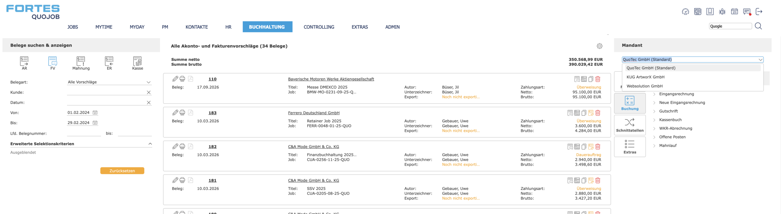 Screenshot Mandantenmanagement in QuoJob