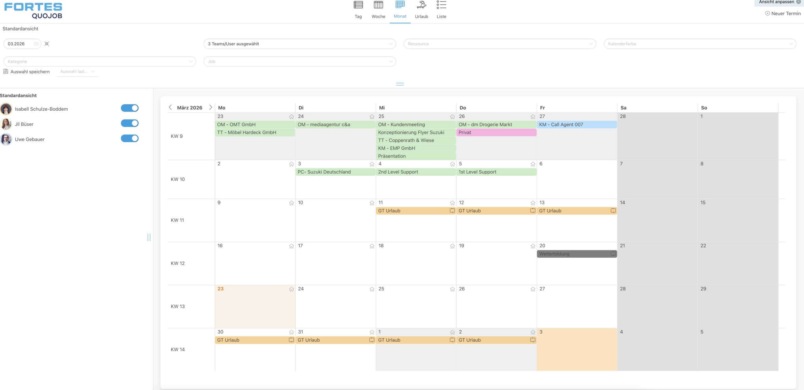 Fortes QuoJob Screenshot Kalender