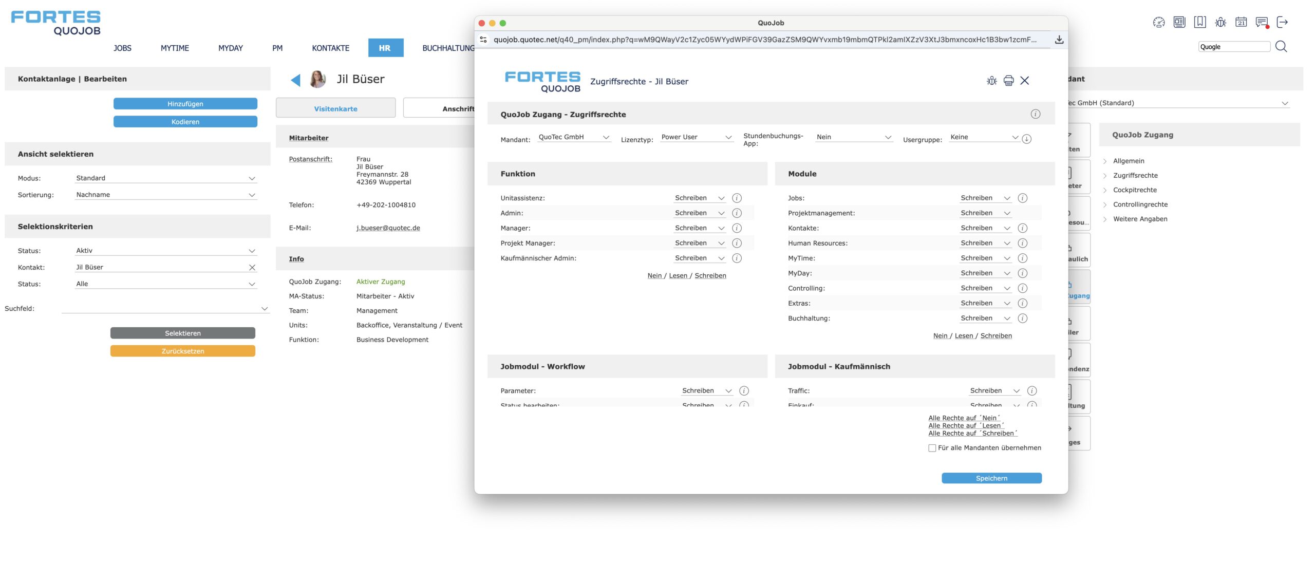 Fortes QuoJob Screenshot Zugriffsrechte