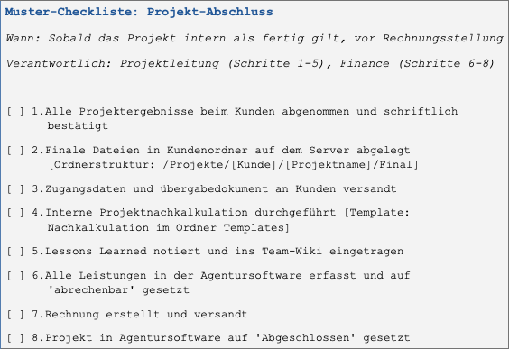 Quickwin10. Screenshot Muster-Checkliste Projektabschluss