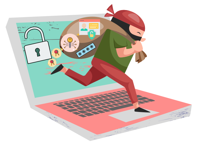 7 Warnzeichen vor Phishing-Mails. Illustration. Dieb auf Laptop.