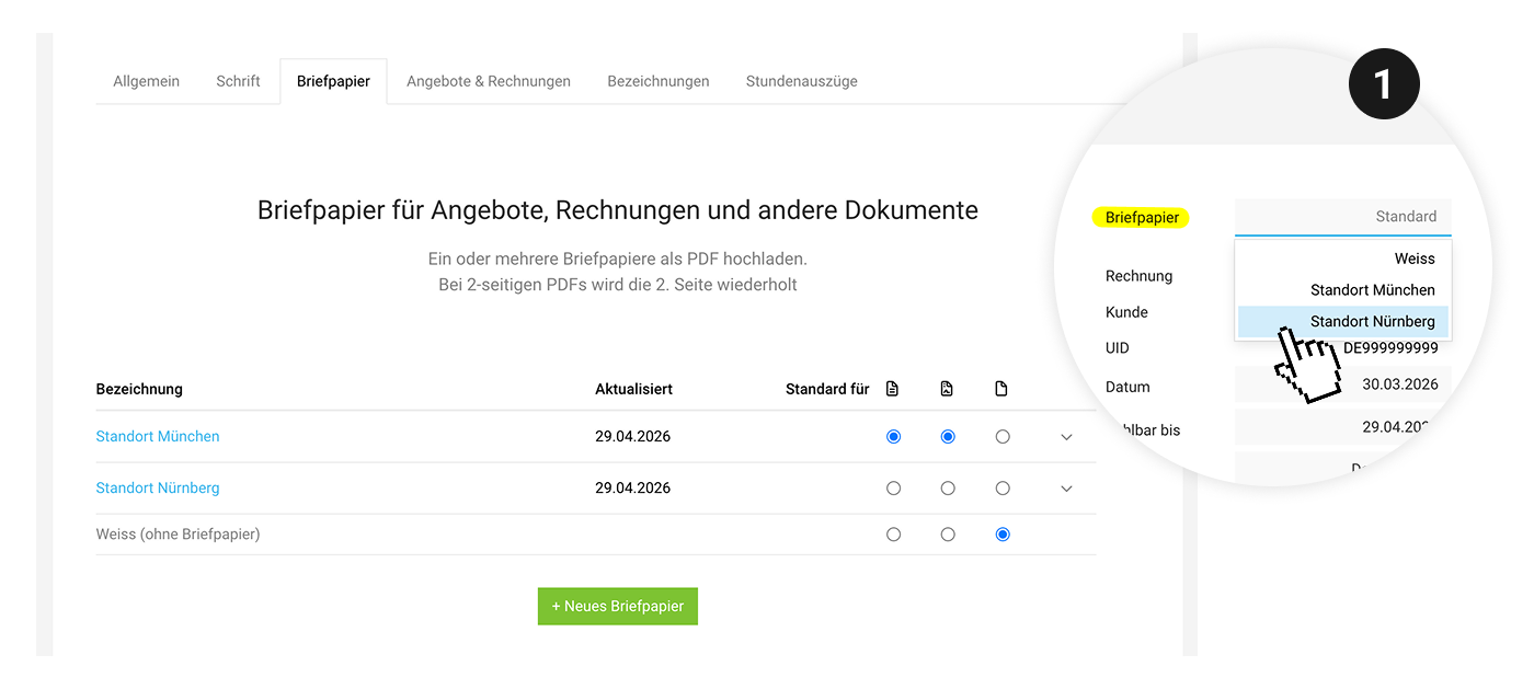 Screenshot MOCO Briefpapier