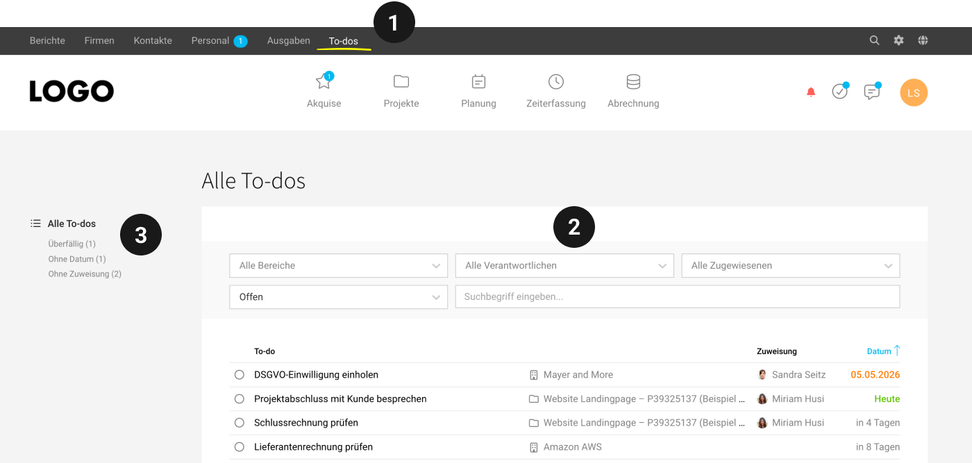 MOCO Screenshot zentrale toDo Liste