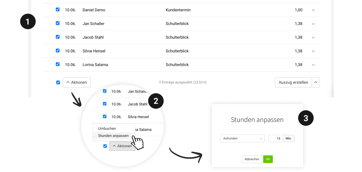 Screenshot MOCO Software News Juni 2026 Stunden anpassen