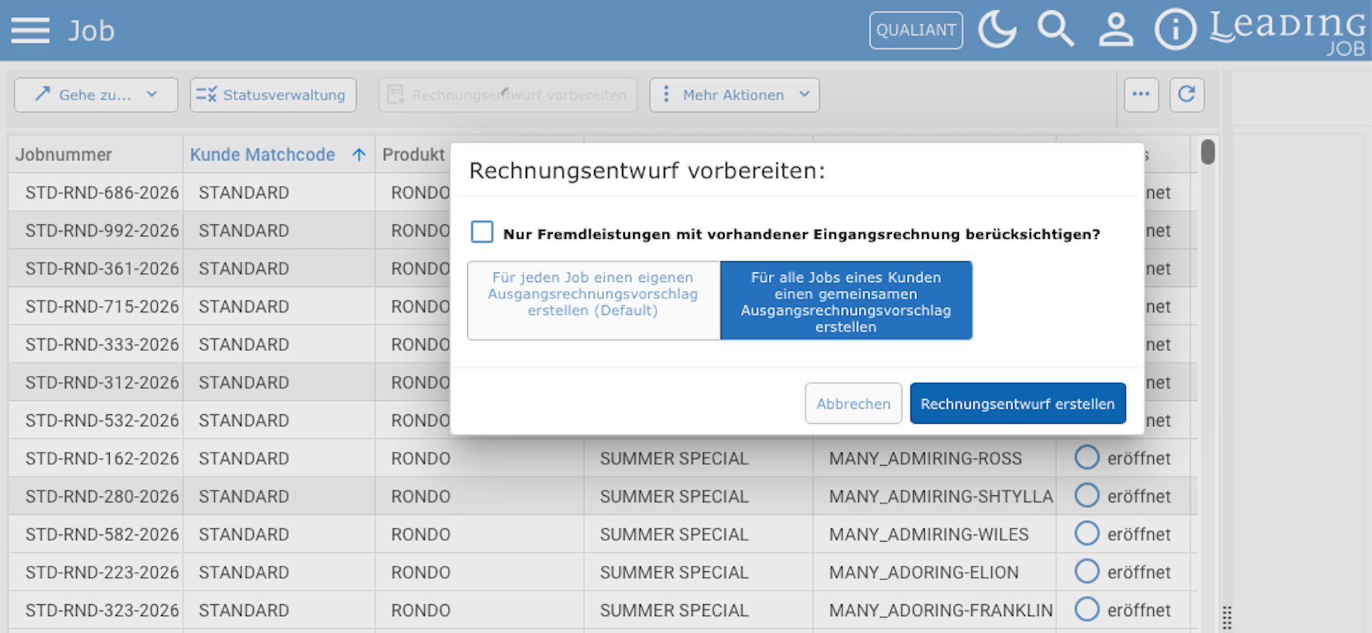 Screenshot LEADING Job Sammelrechnung