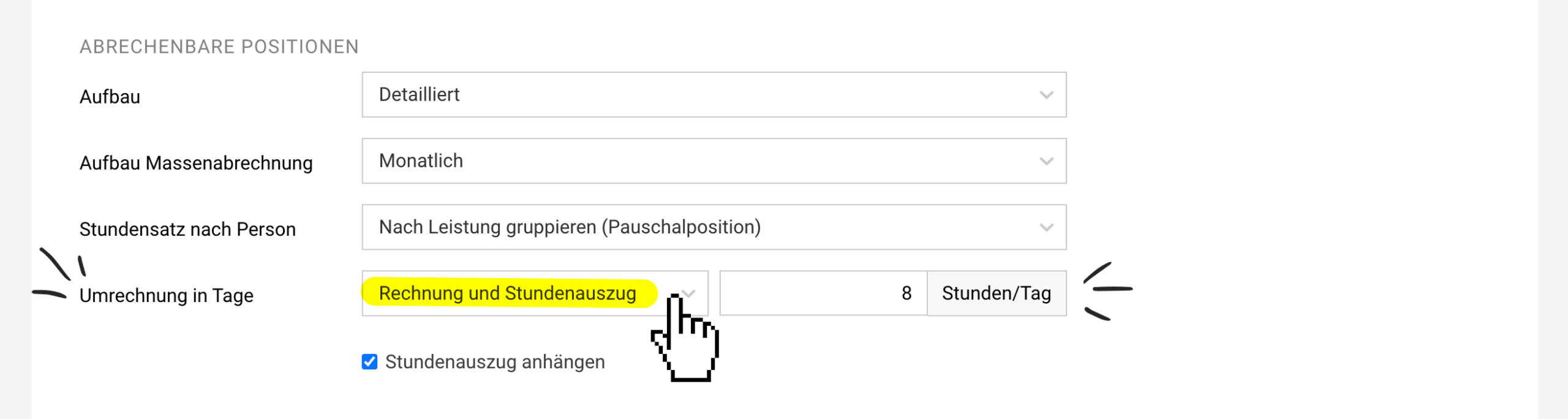 Screenshot MOCO Stundenauszug