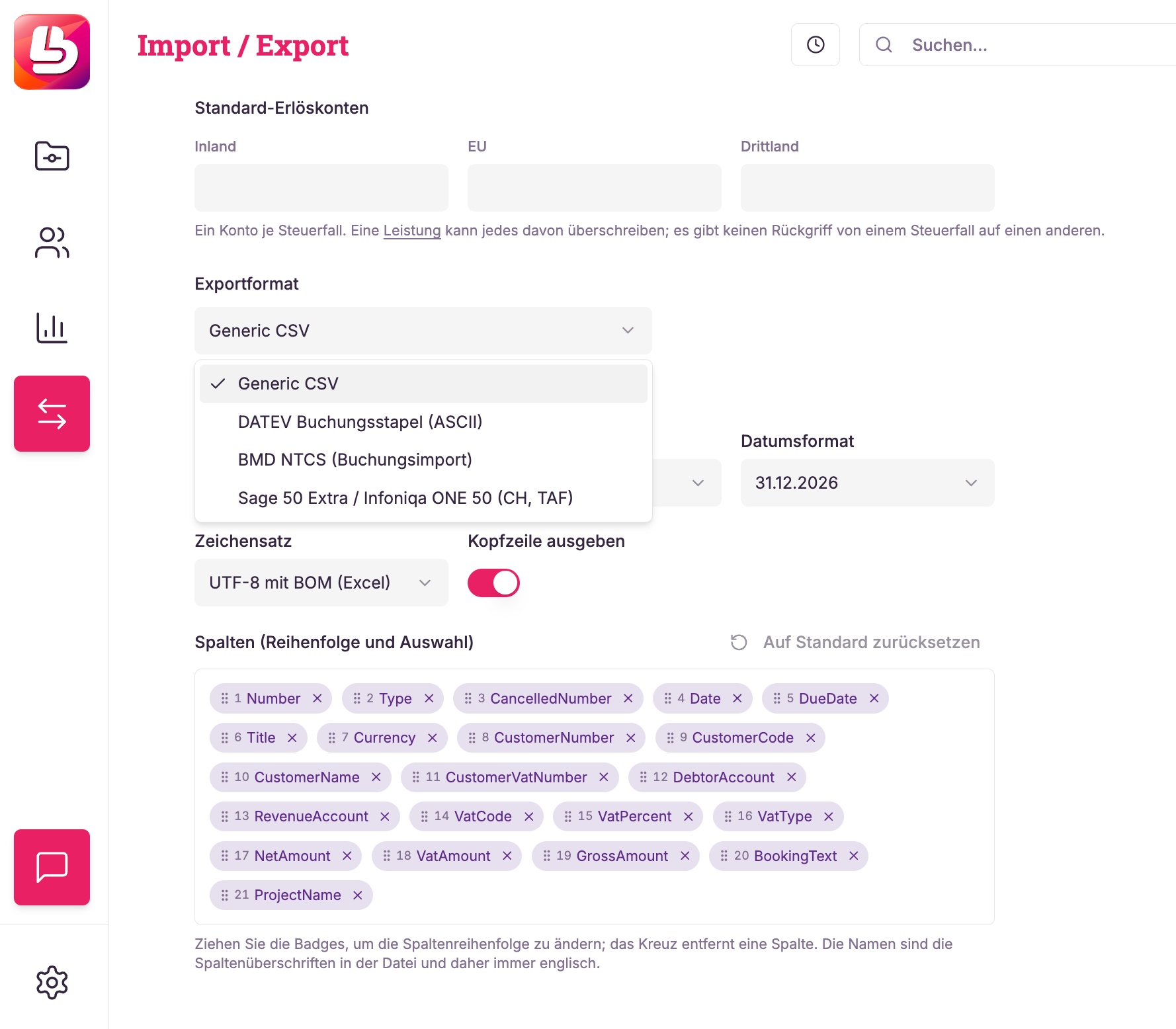LeadToBill: Screenshot Export und Import