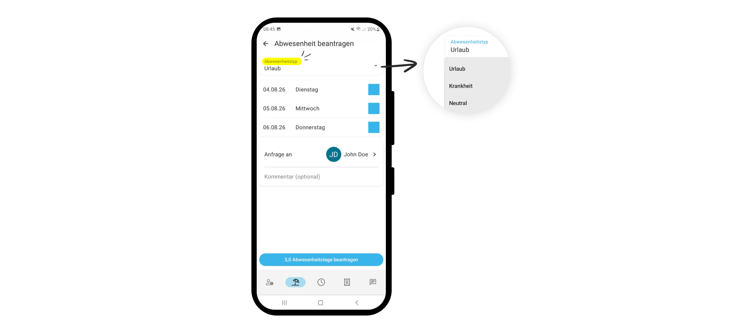 Screenshot MOCO-Android-Abwesenheiten