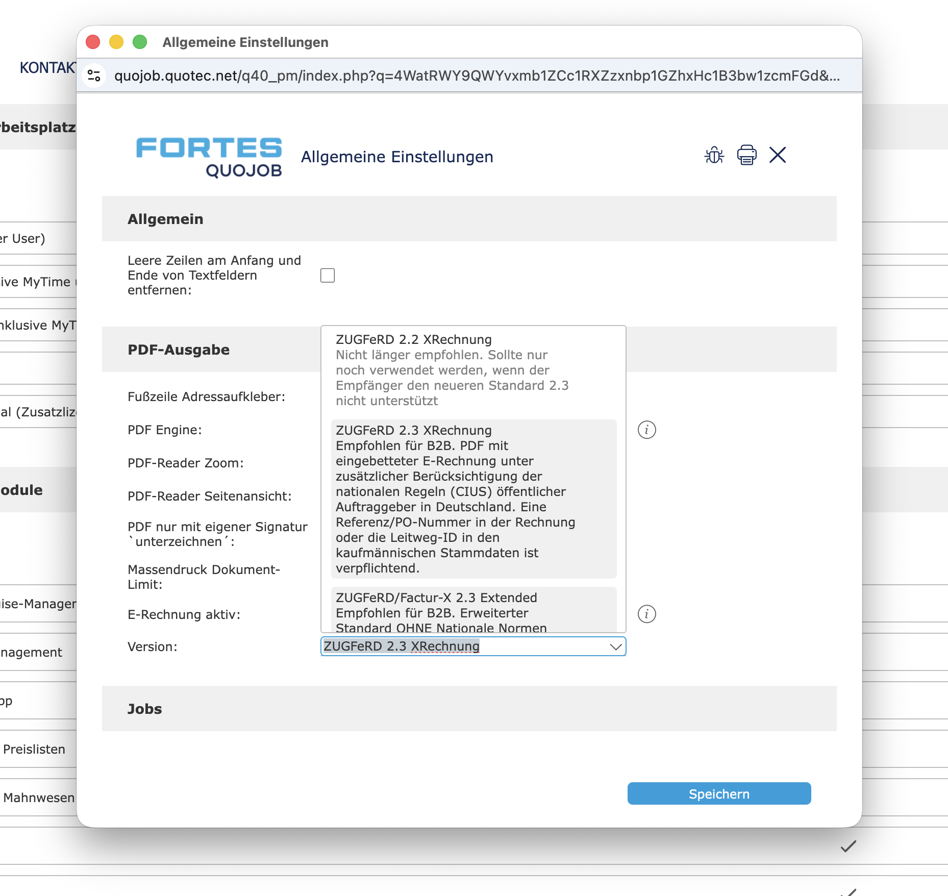Screenshot QuoJob Einstellungen E-Rechnung ab 2027